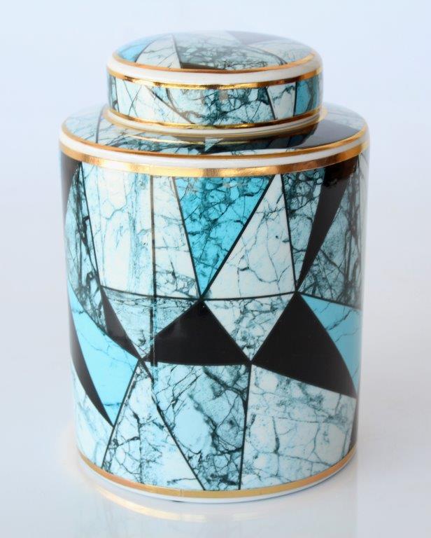 BLUE, BLACK & GOLD DESIGN JAR WITH LID  27X19CM